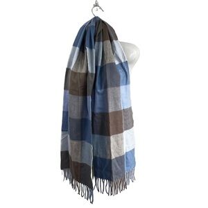 Cashmere Scarf Blue Plaid Made in Scotland Tassel Soft